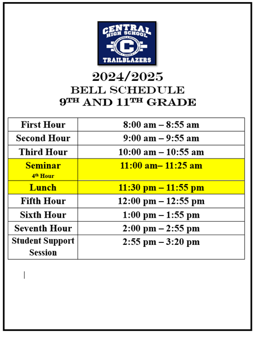 School Schedule for 9th and 11th Grades